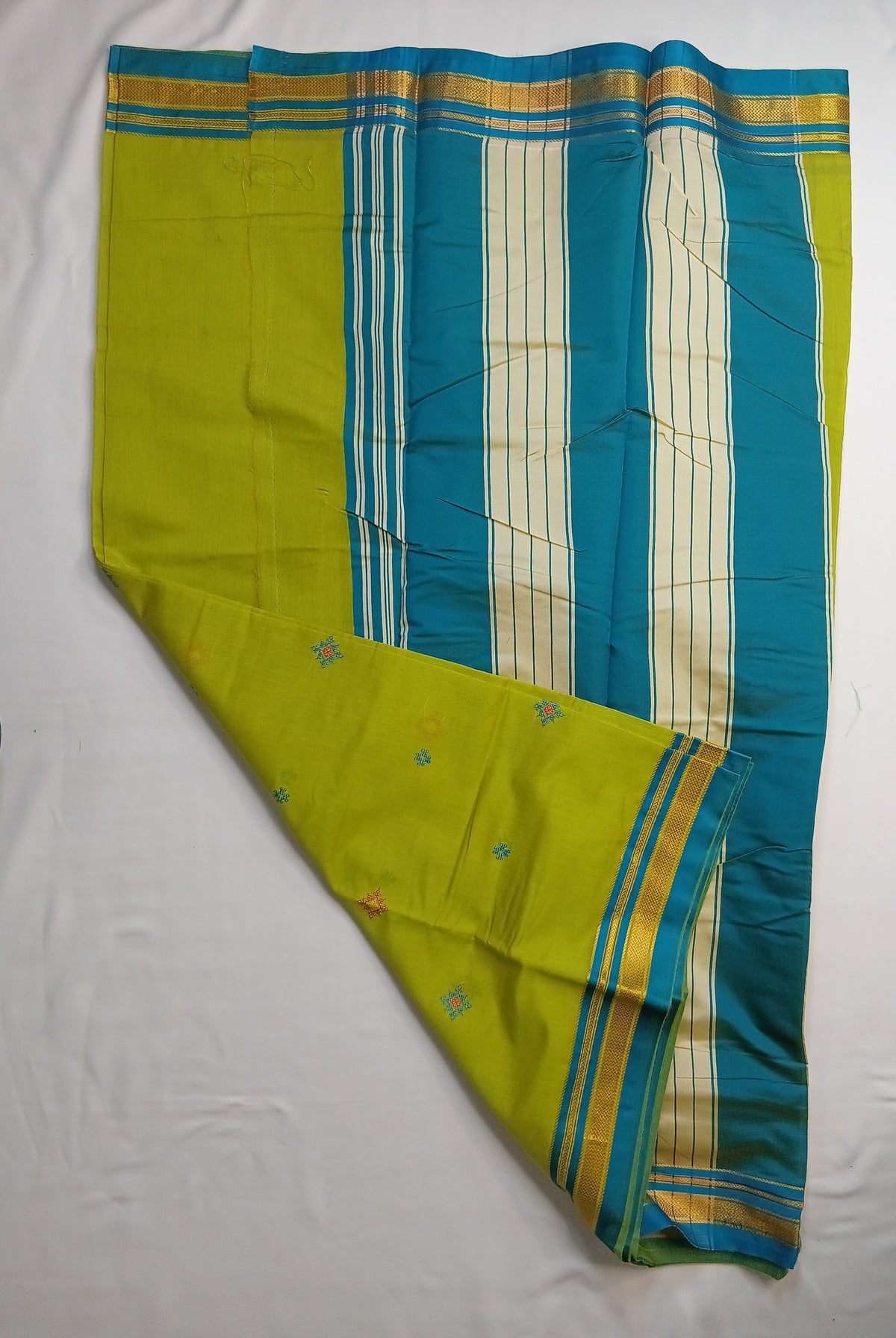 Lime Green Kasuti Cotton Saree with Mixed Silk Zari Border