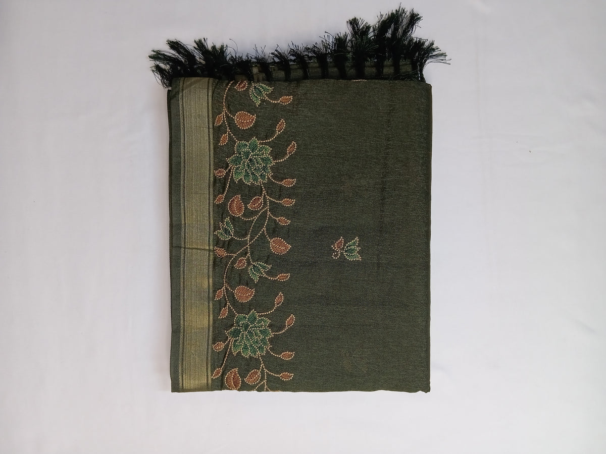 Olive Green Noory Organza Embroidery Saree