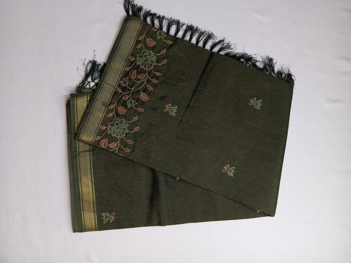 Olive Green Noory Organza Embroidery Saree