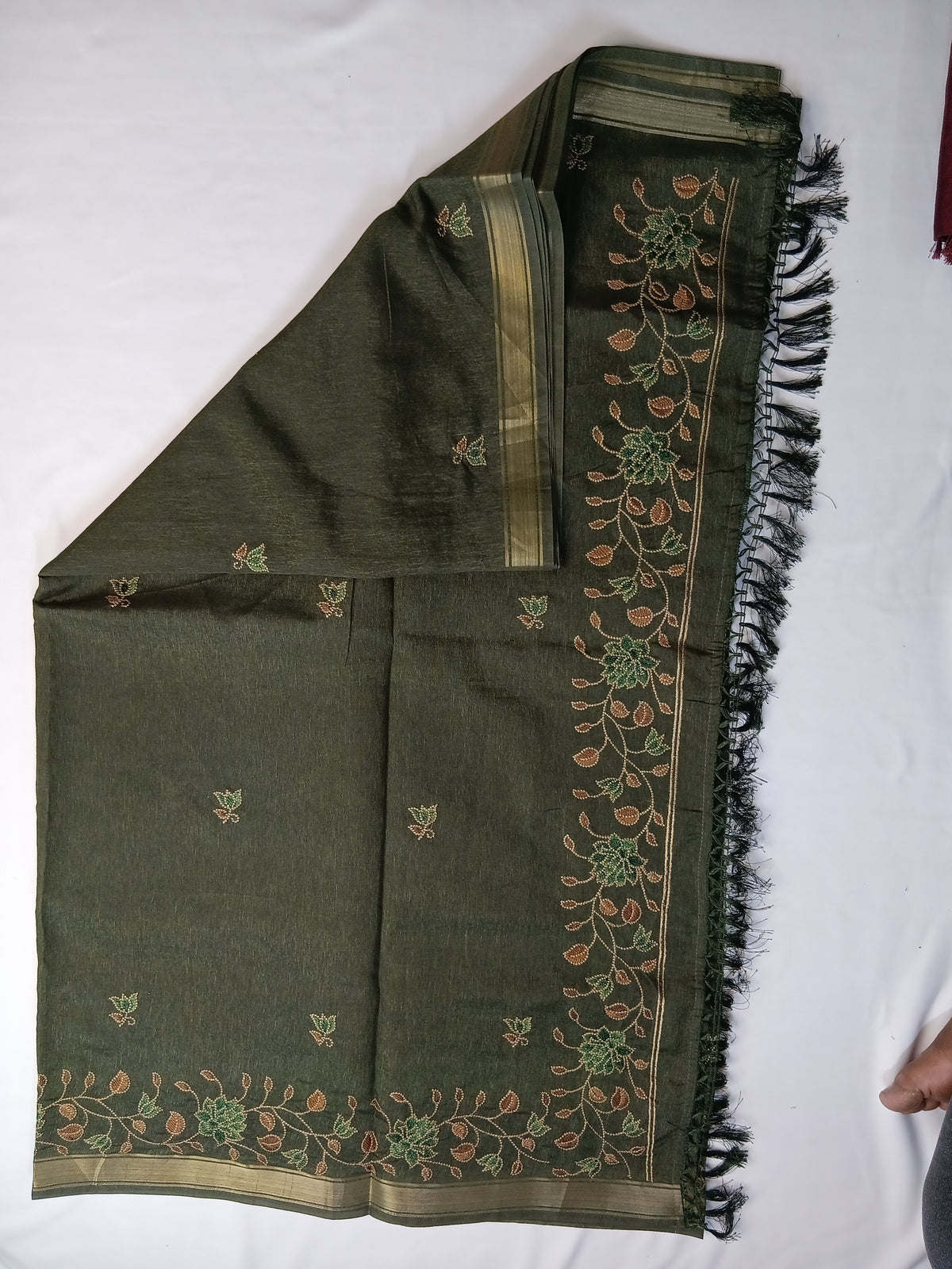 Olive Green Noory Organza Embroidery Saree