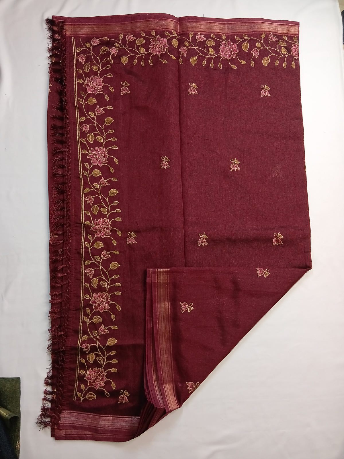 Wine Maroon Noory Organza Embroidery Saree