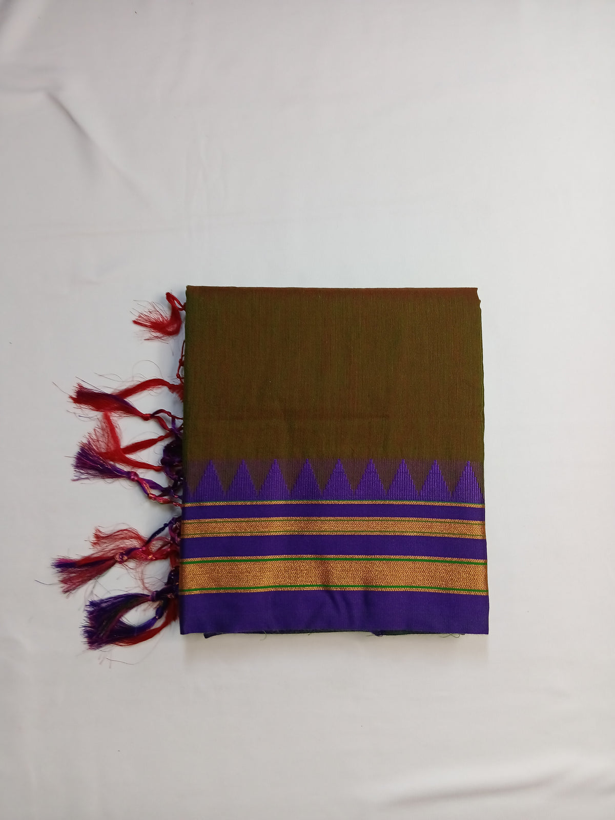 Bronze Brown Ilkal Plain Saree with Purple Temple Border  Product Description