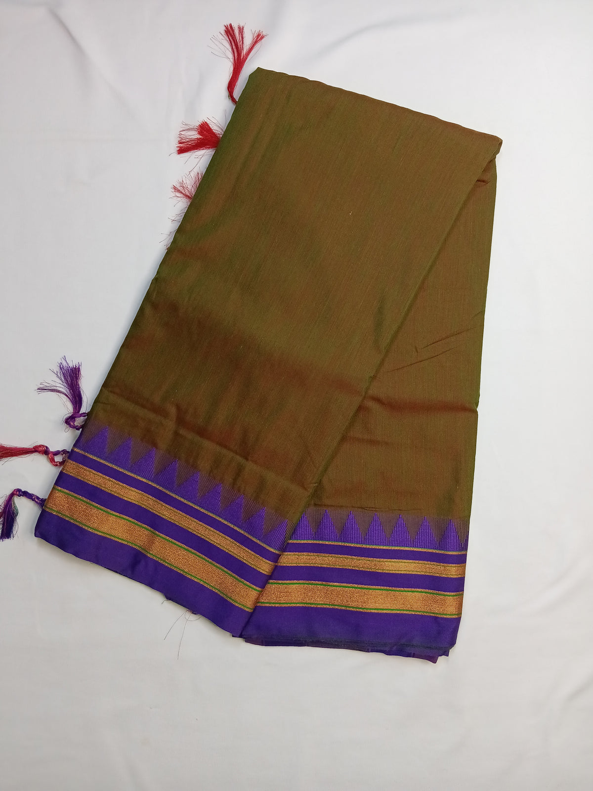 Bronze Brown Ilkal Plain Saree with Purple Temple Border  Product Description