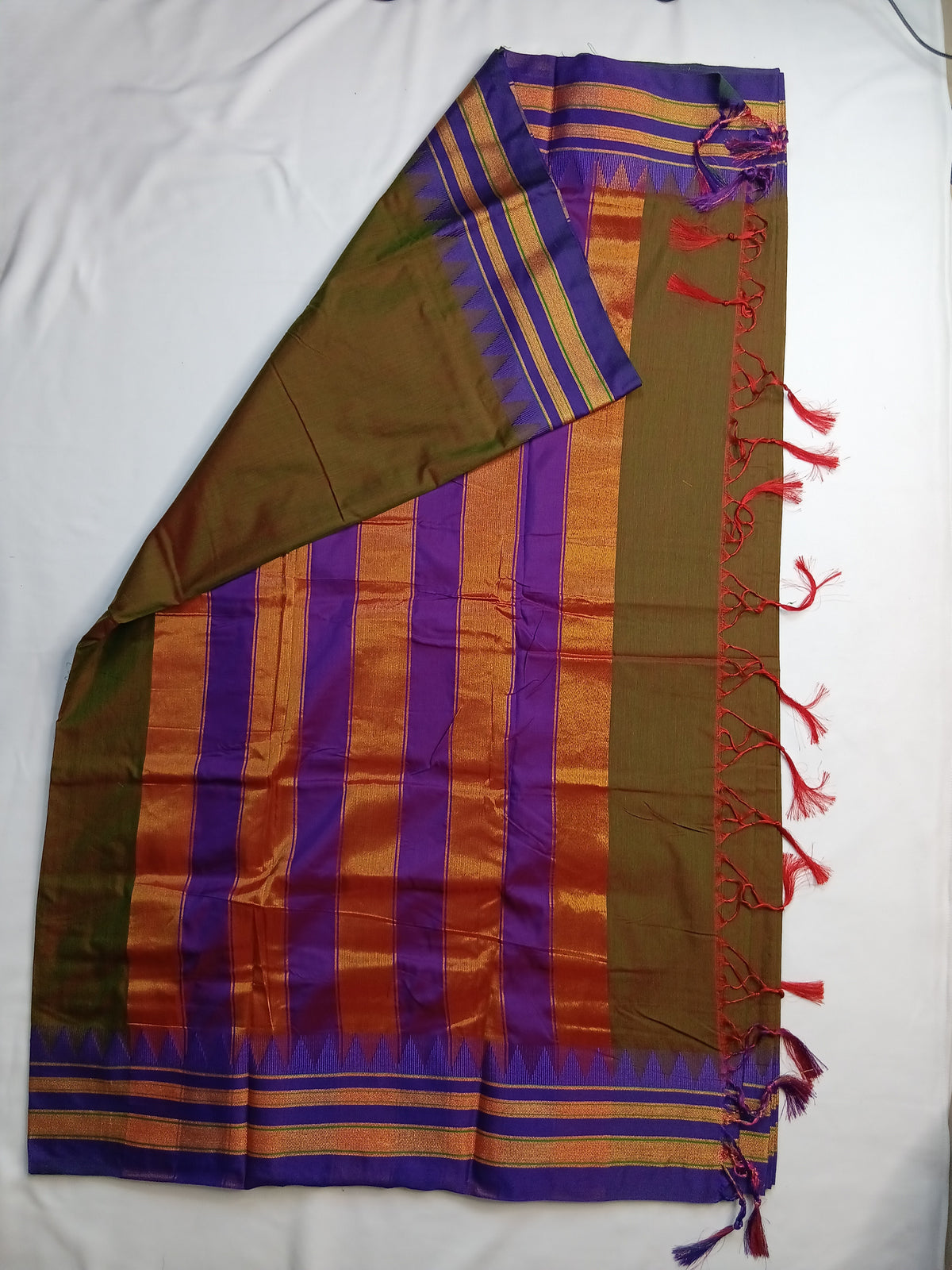 Bronze Brown Ilkal Plain Saree with Purple Temple Border  Product Description