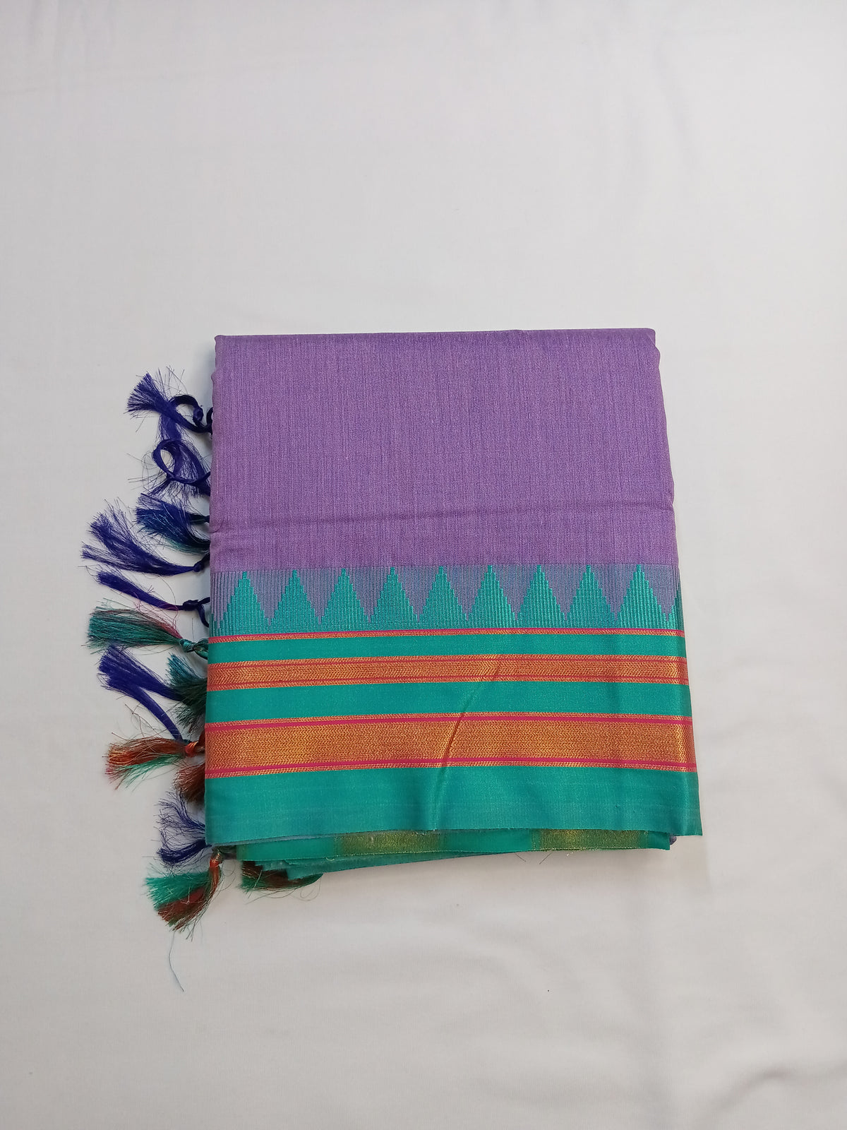 Lavender Ilkal Plain Saree with Teal Temple Border