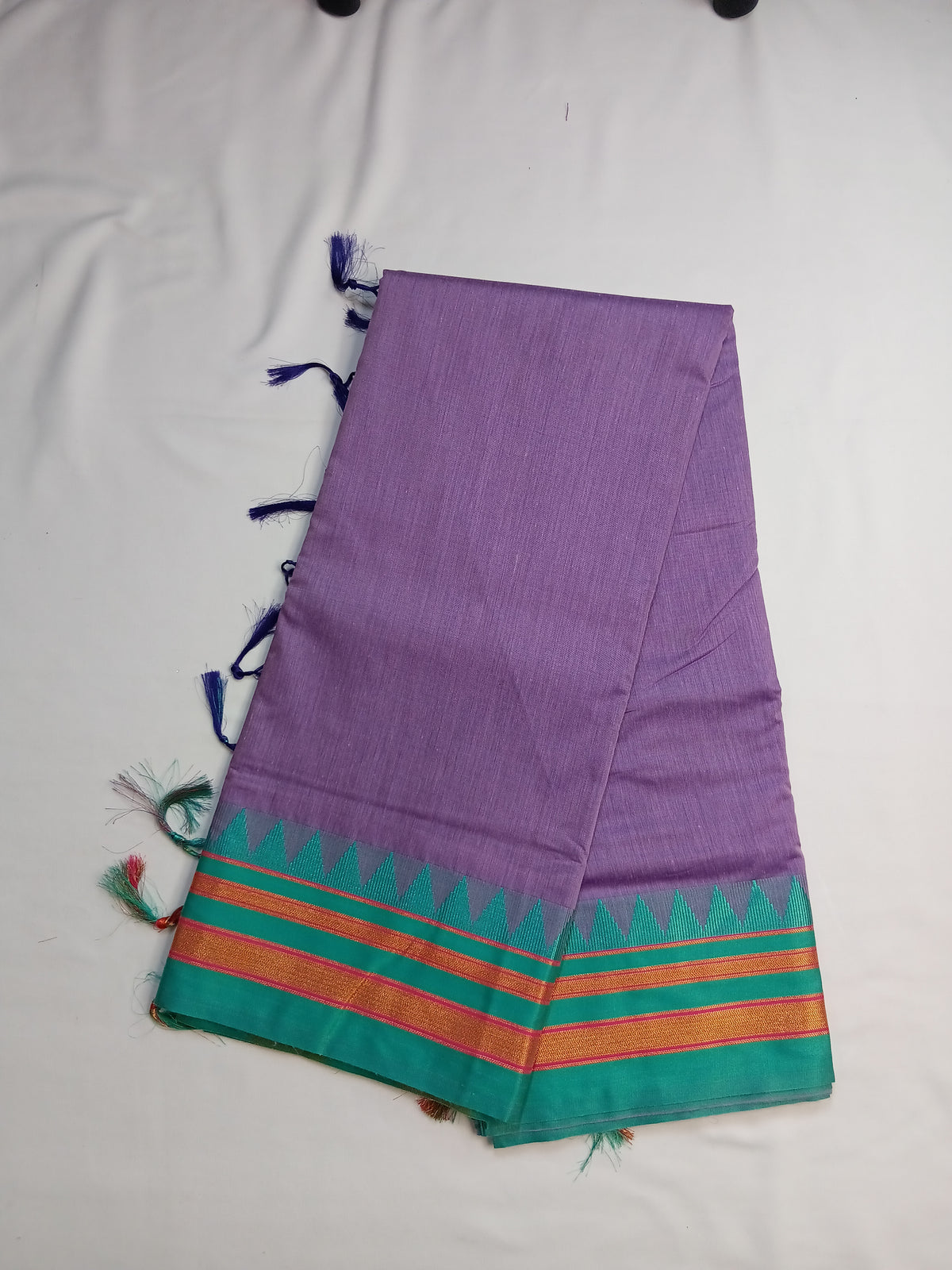 Lavender Ilkal Plain Saree with Teal Temple Border