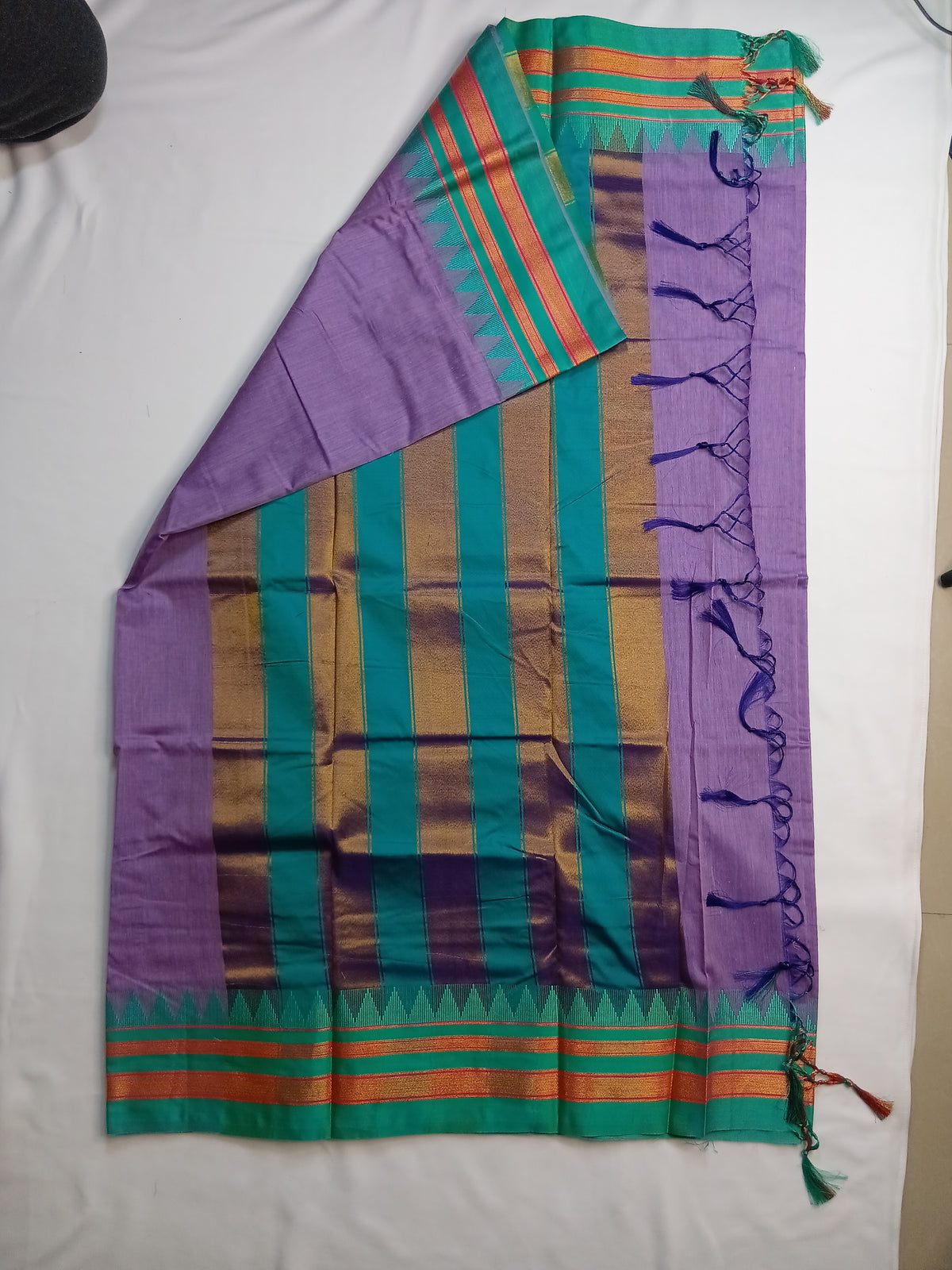 Lavender Ilkal Plain Saree with Teal Temple Border