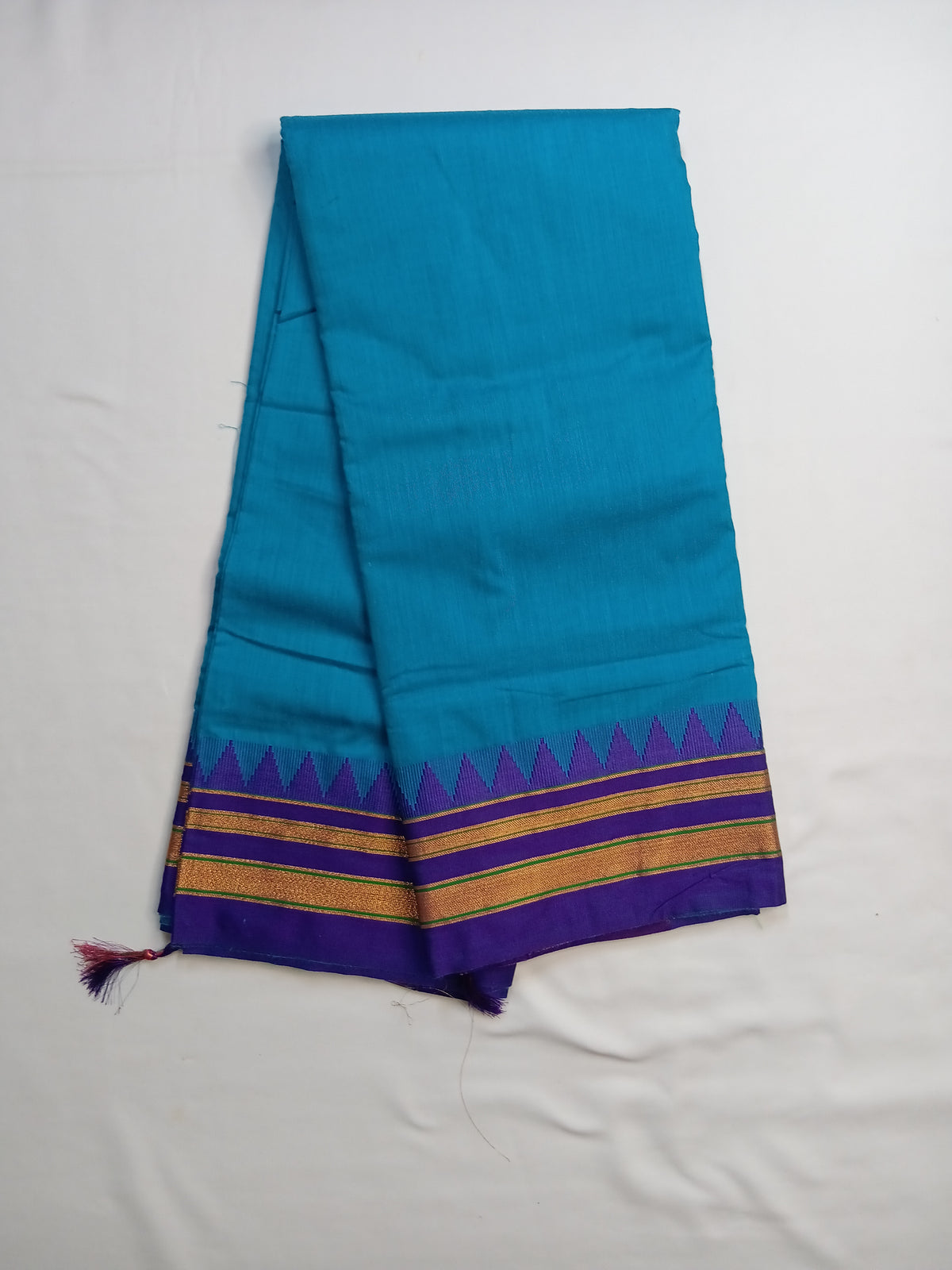 Turquoise Blue Ilkal Plain Saree with Purple Temple Border