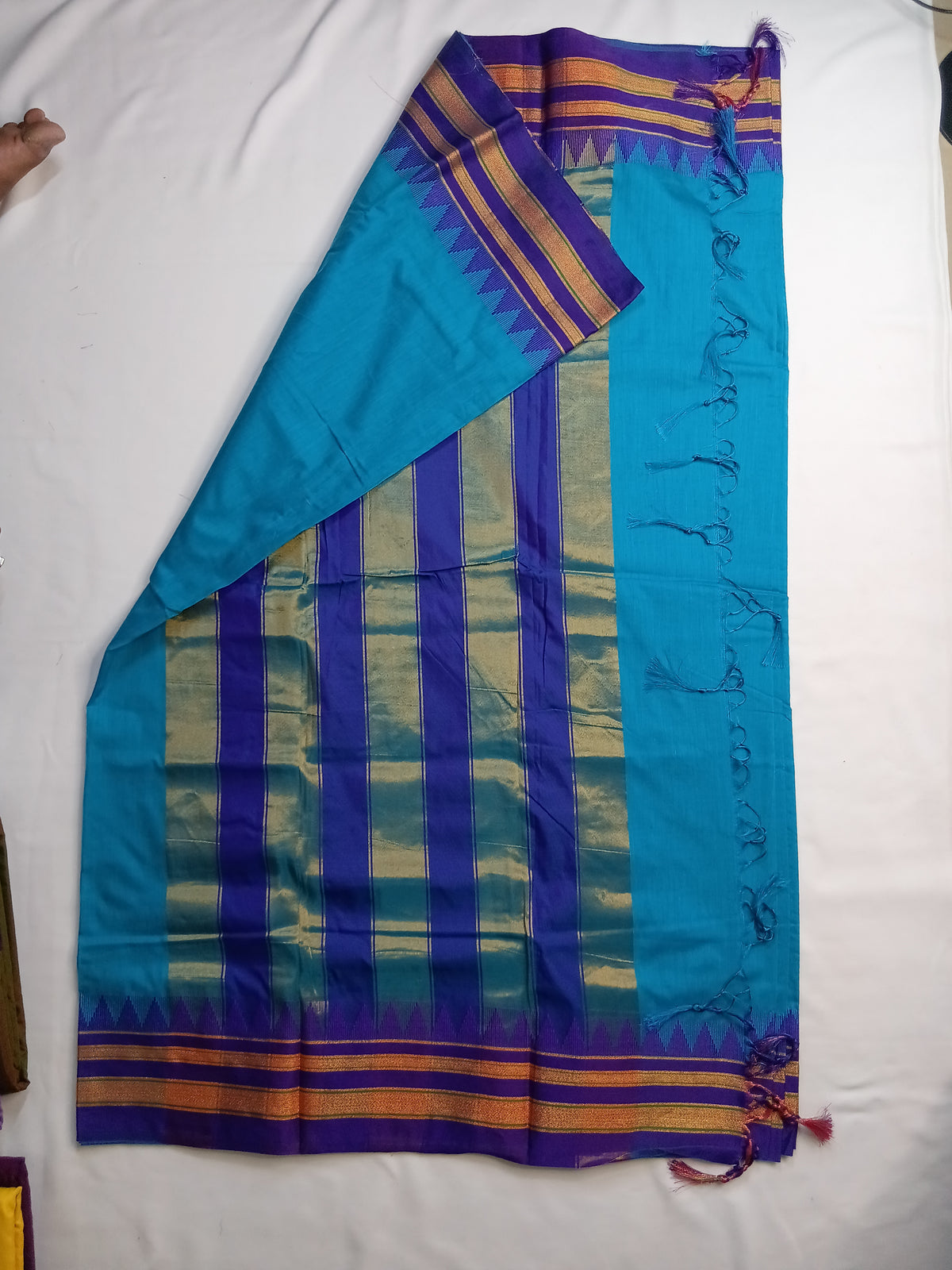 Turquoise Blue Ilkal Plain Saree with Purple Temple Border