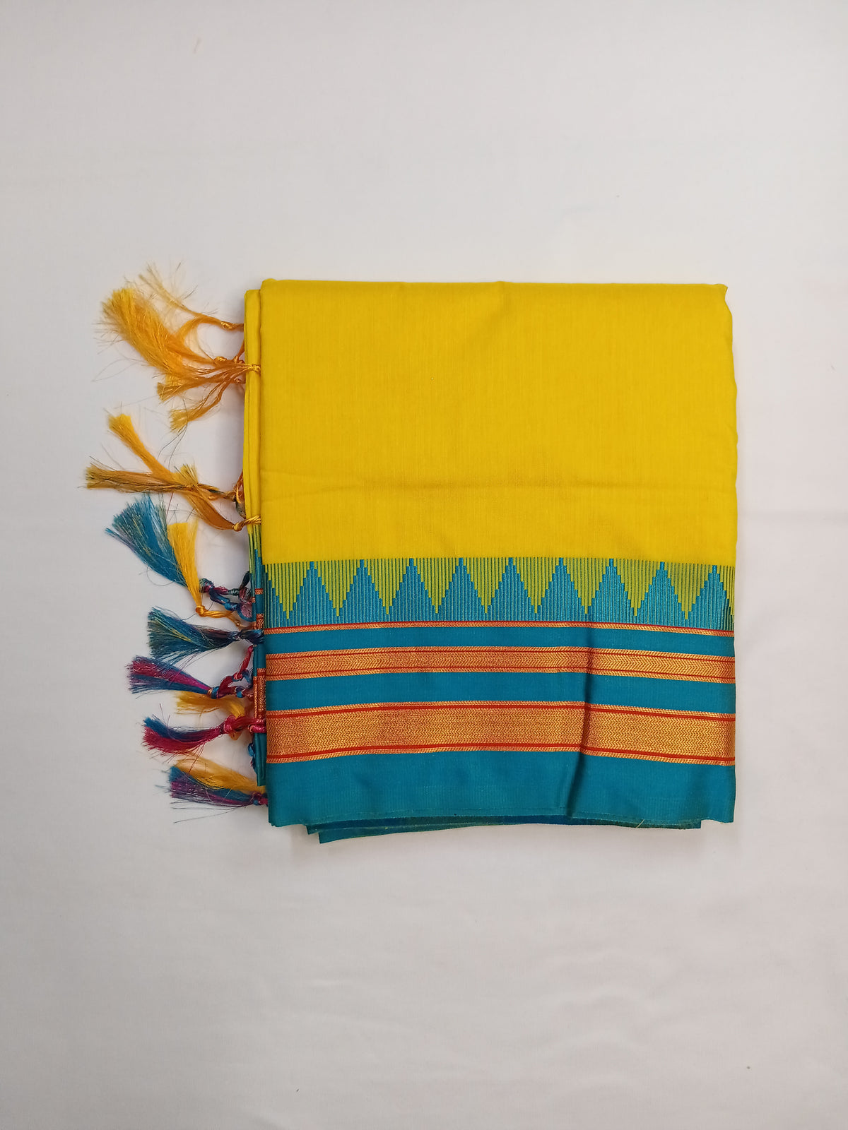 Mustard Yellow Ilkal Plain Saree with Teal Temple Border