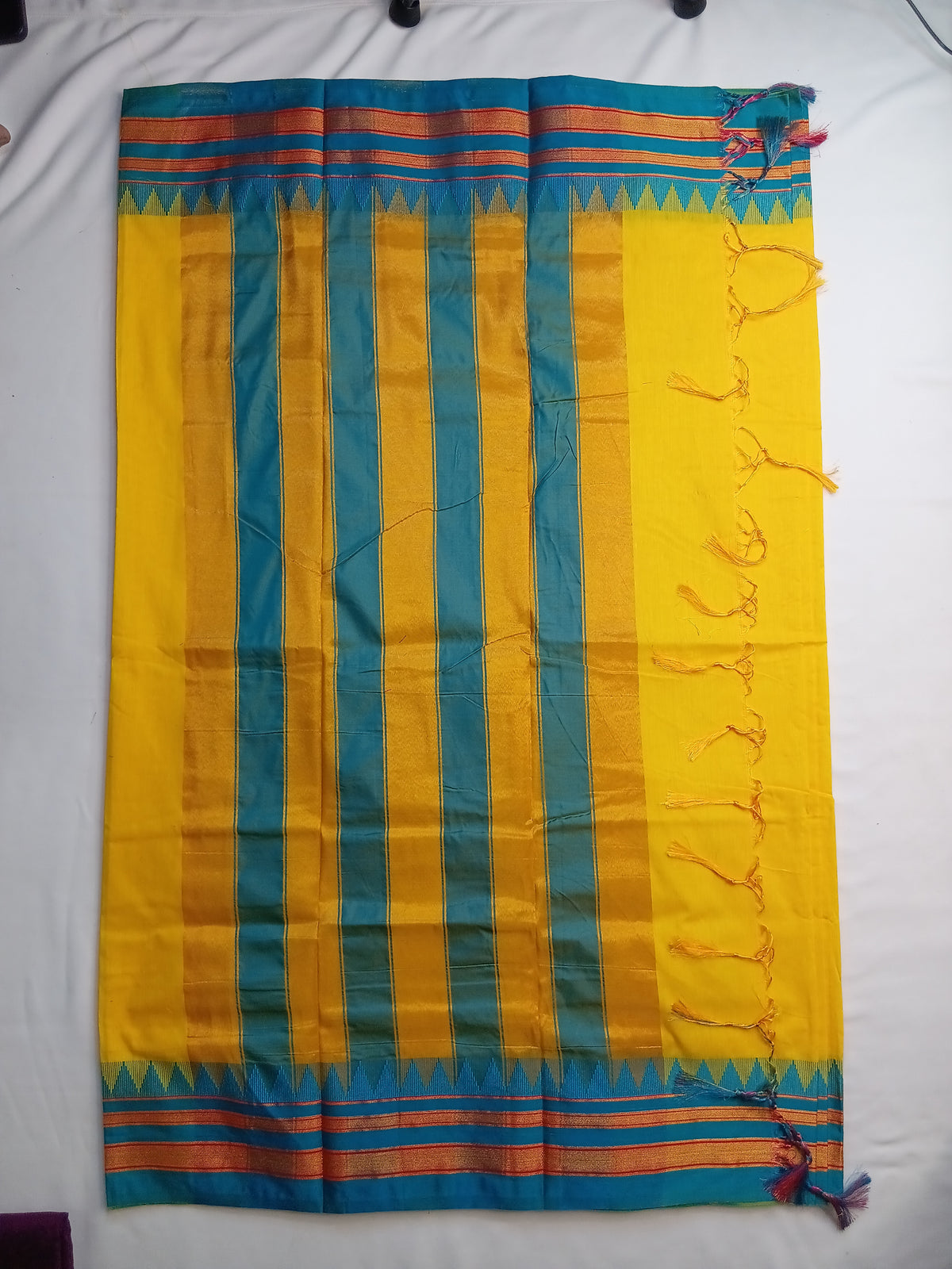 Mustard Yellow Ilkal Plain Saree with Teal Temple Border