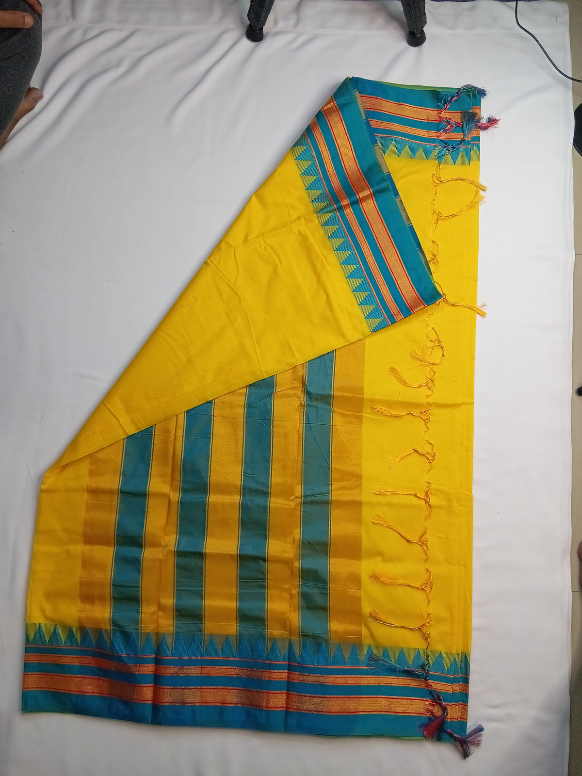 Mustard Yellow Ilkal Plain Saree with Teal Temple Border