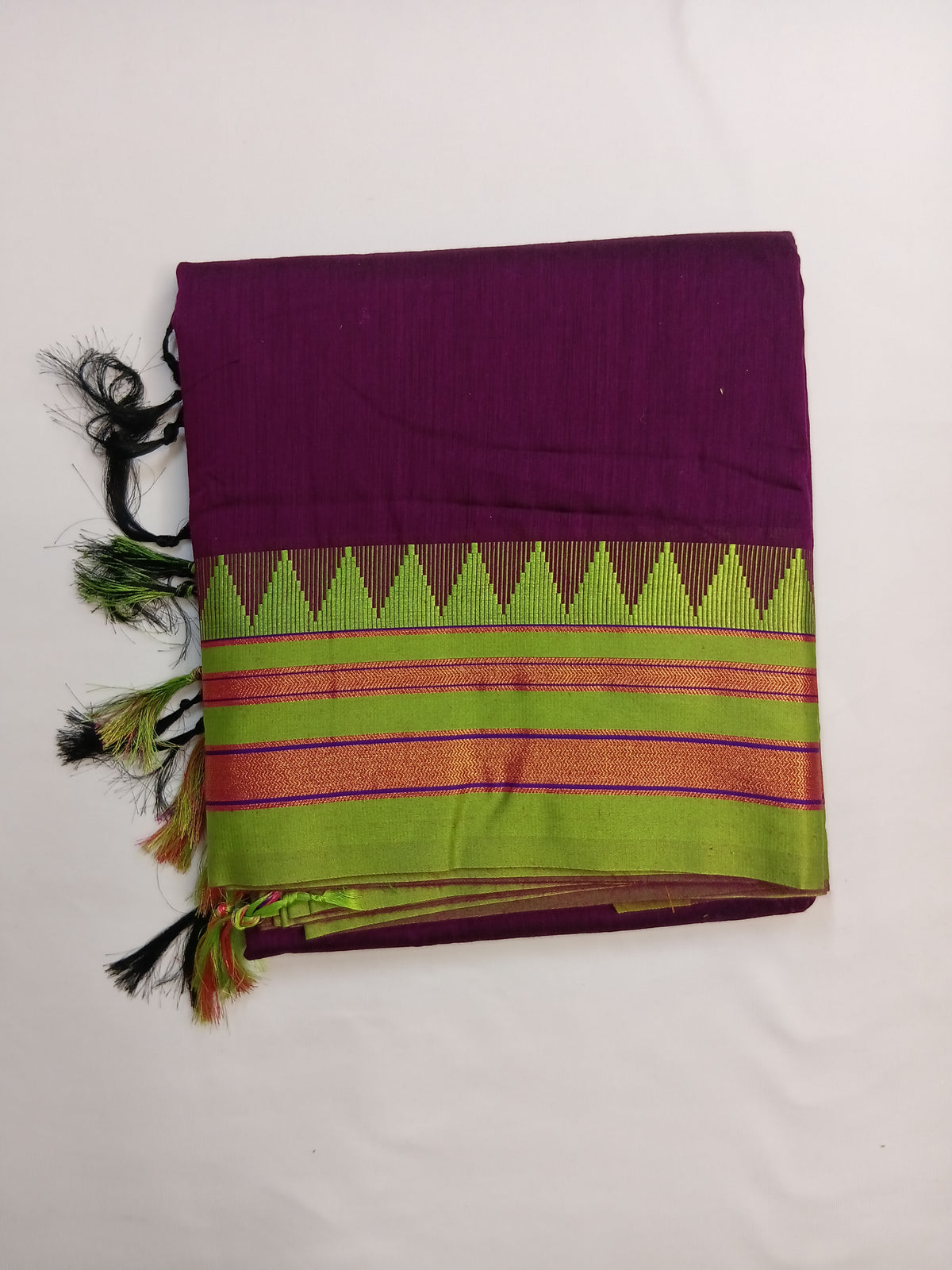 Purple Ilkal Plain Saree with Green Temple Border