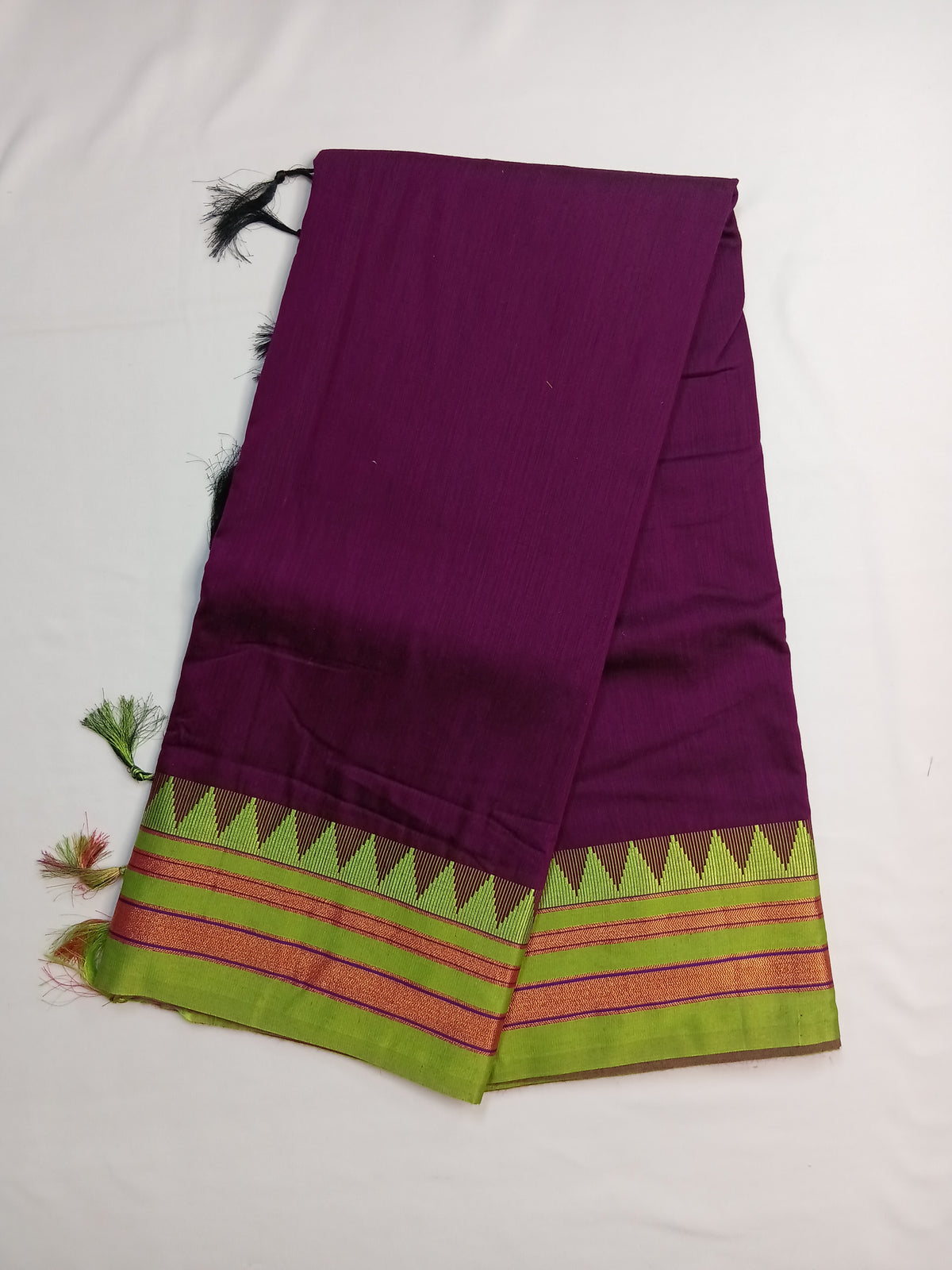 Purple Ilkal Plain Saree with Green Temple Border