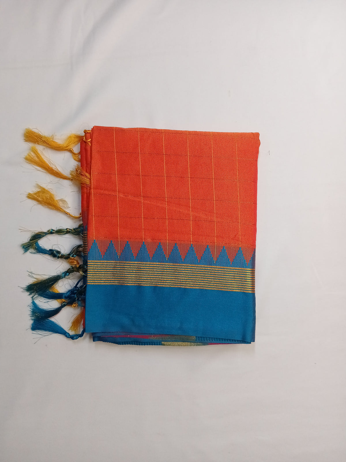 Coral Orange Ilkal Guwahati Checks Saree with Turquoise Temple Border