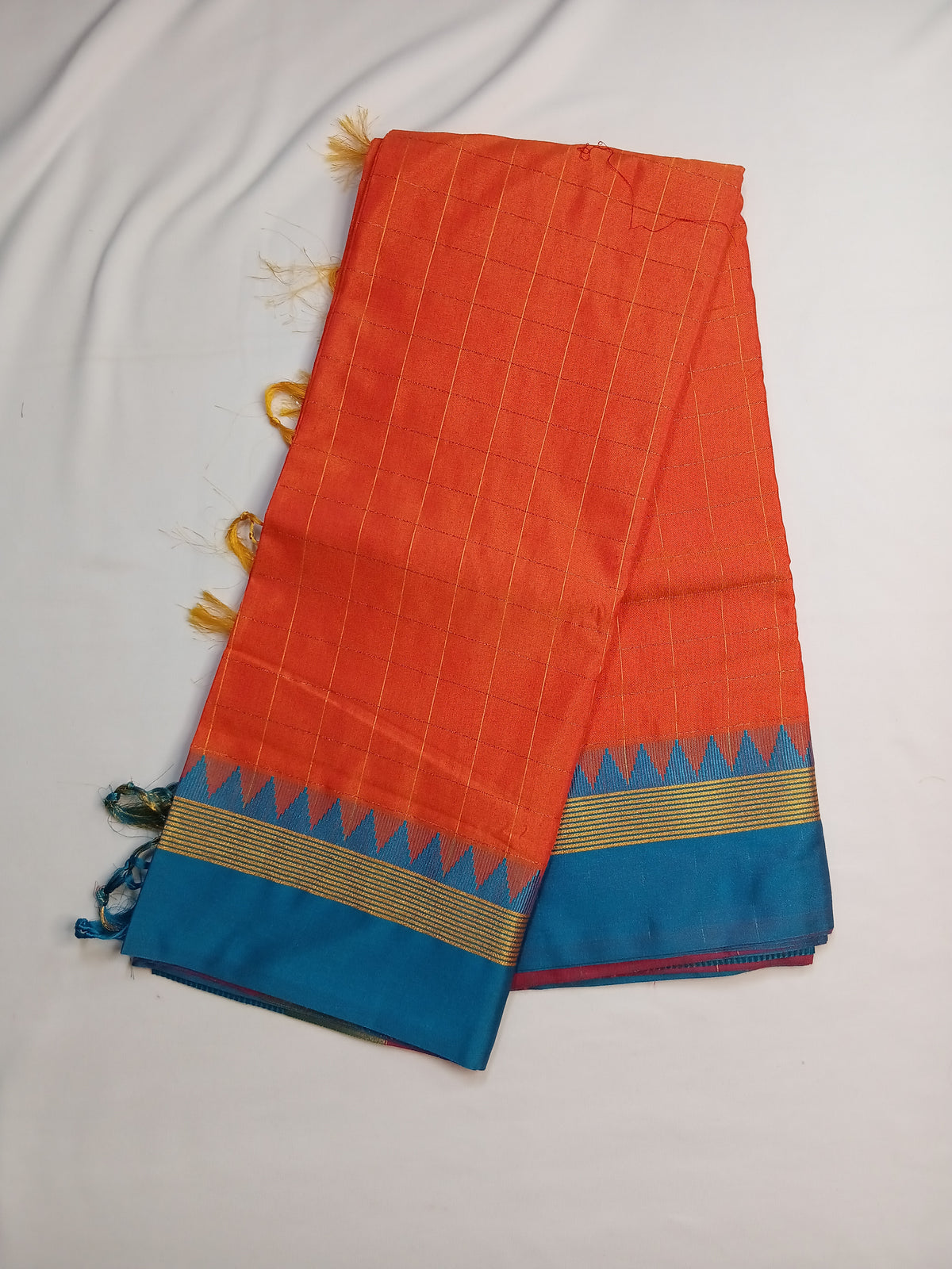 Coral Orange Ilkal Guwahati Checks Saree with Turquoise Temple Border
