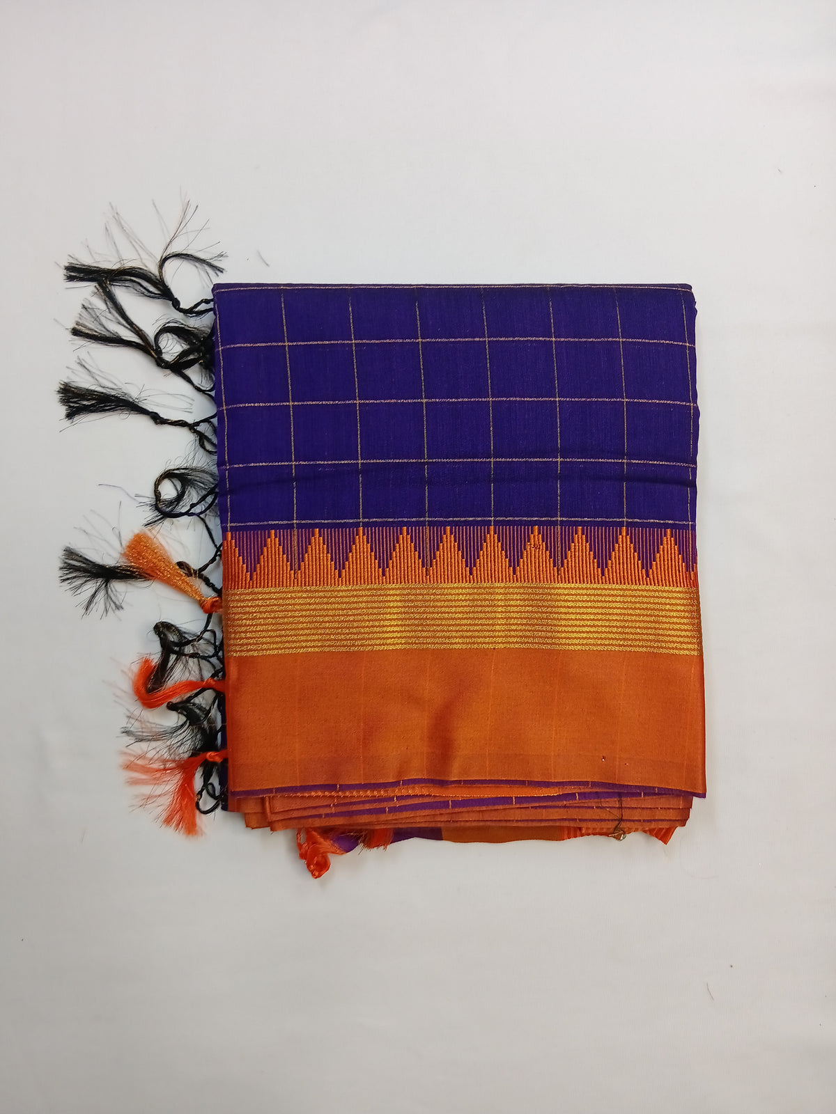 Royal Blue Ilkal Guwahati Checks Saree with Orange Temple Border