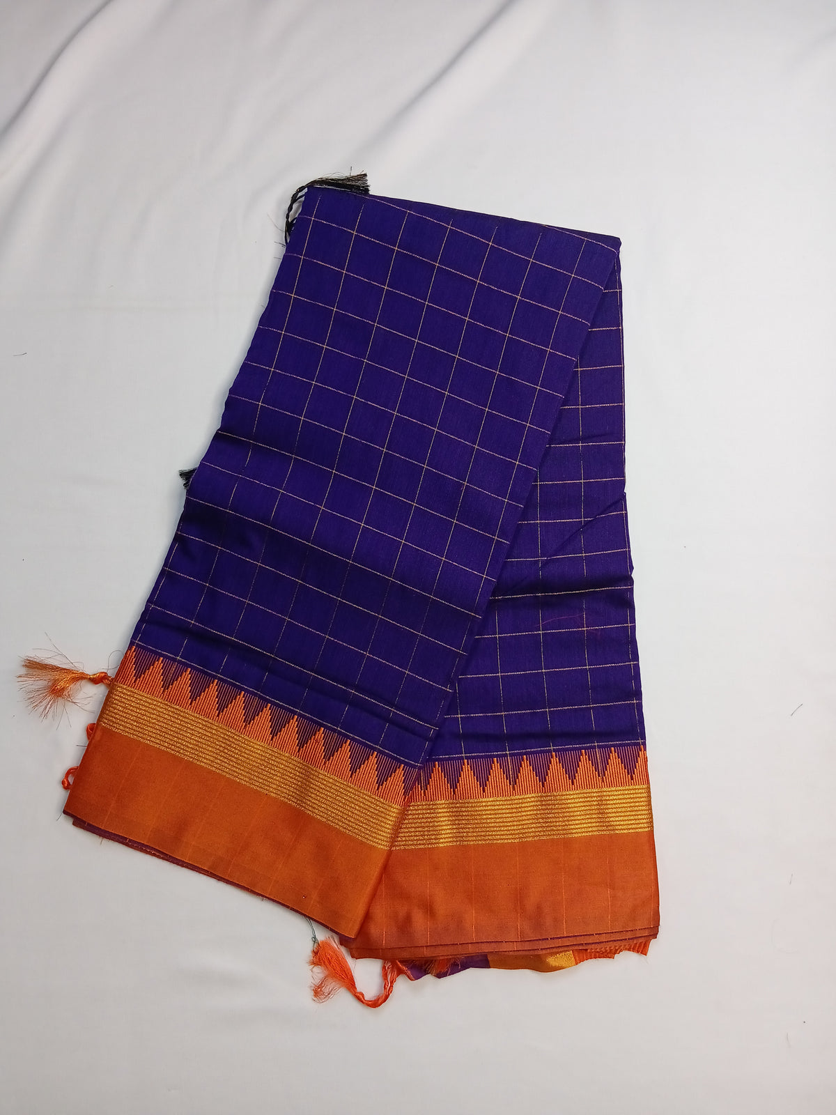 Royal Blue Ilkal Guwahati Checks Saree with Orange Temple Border