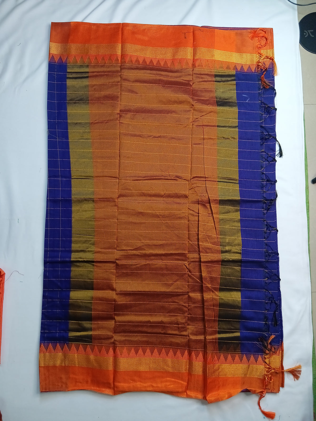 Royal Blue Ilkal Guwahati Checks Saree with Orange Temple Border