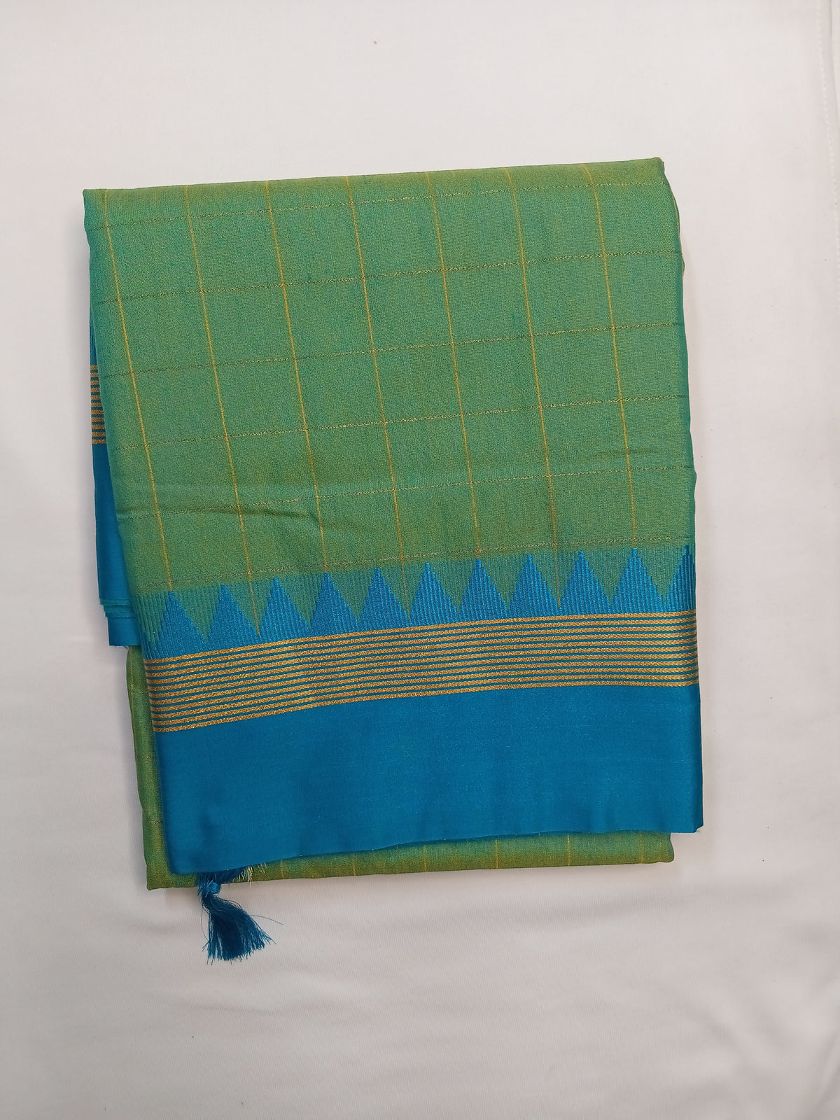 Sage Green Ilkal Guwahati Checks Saree with Turquoise Temple Border