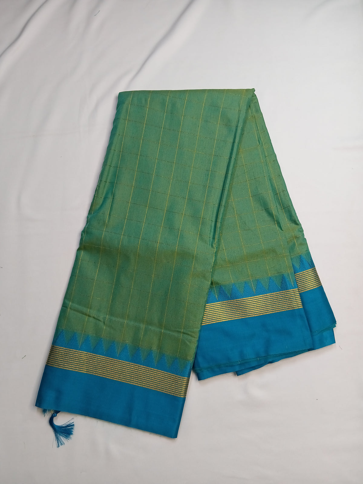Sage Green Ilkal Guwahati Checks Saree with Turquoise Temple Border