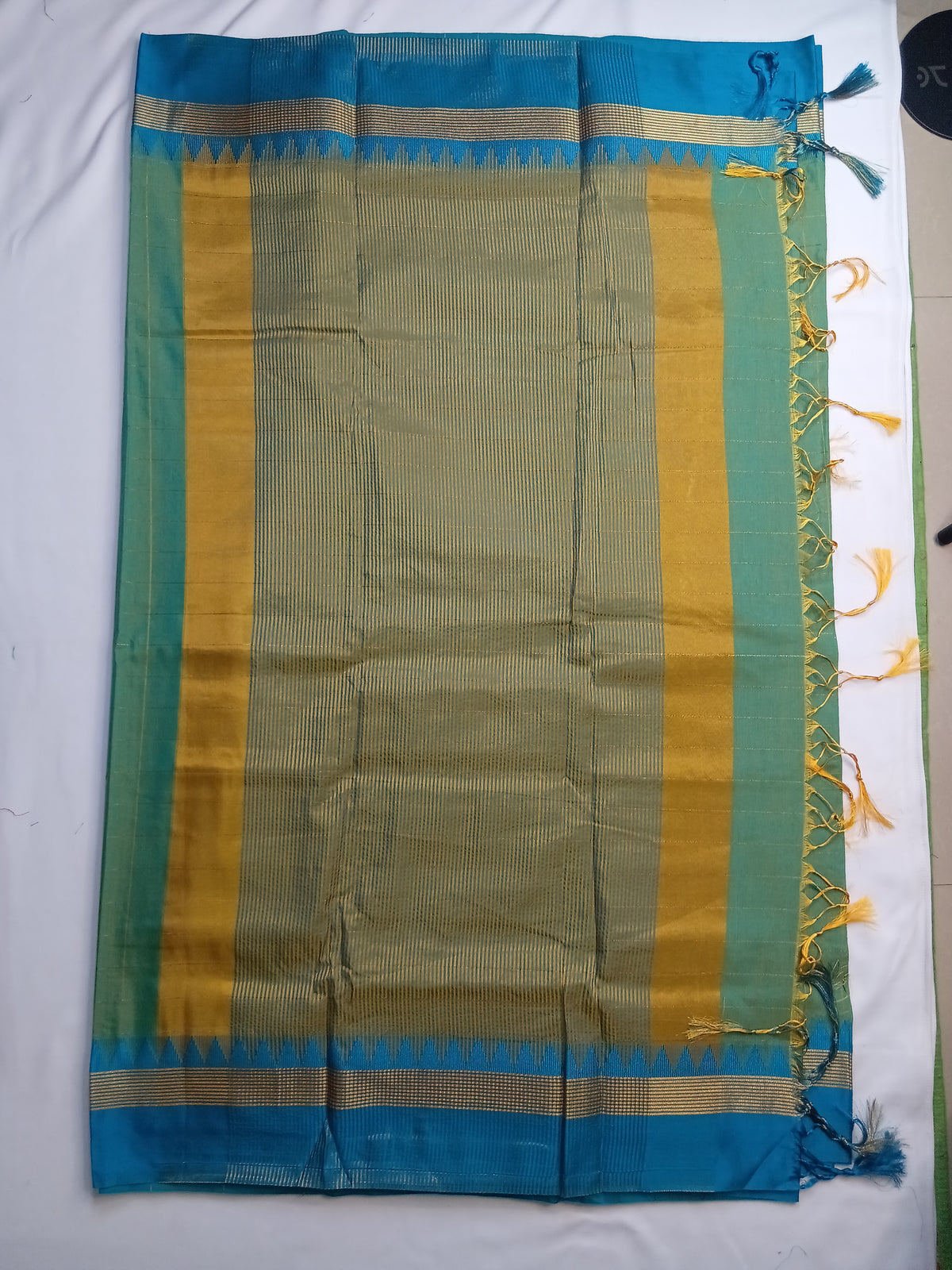 Sage Green Ilkal Guwahati Checks Saree with Turquoise Temple Border