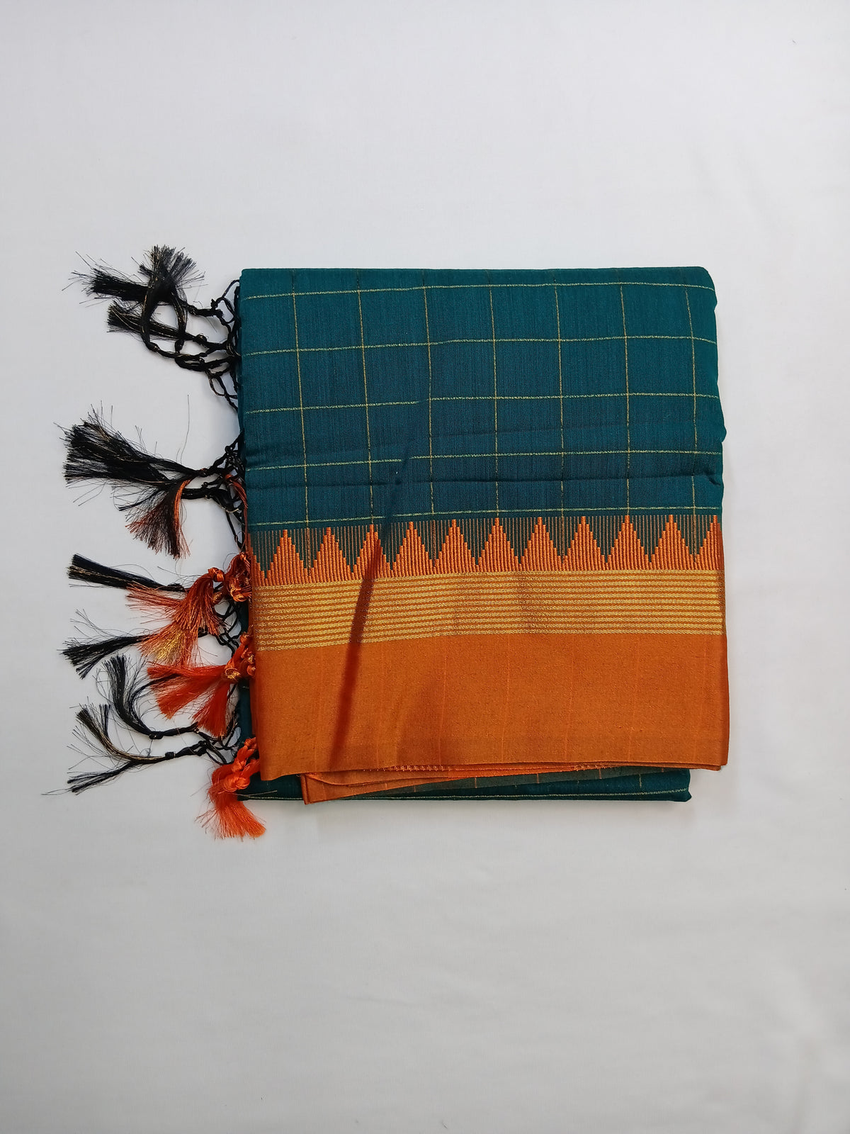 Bottle Green Ilkal Guwahati Checks Saree with Orange Temple Border