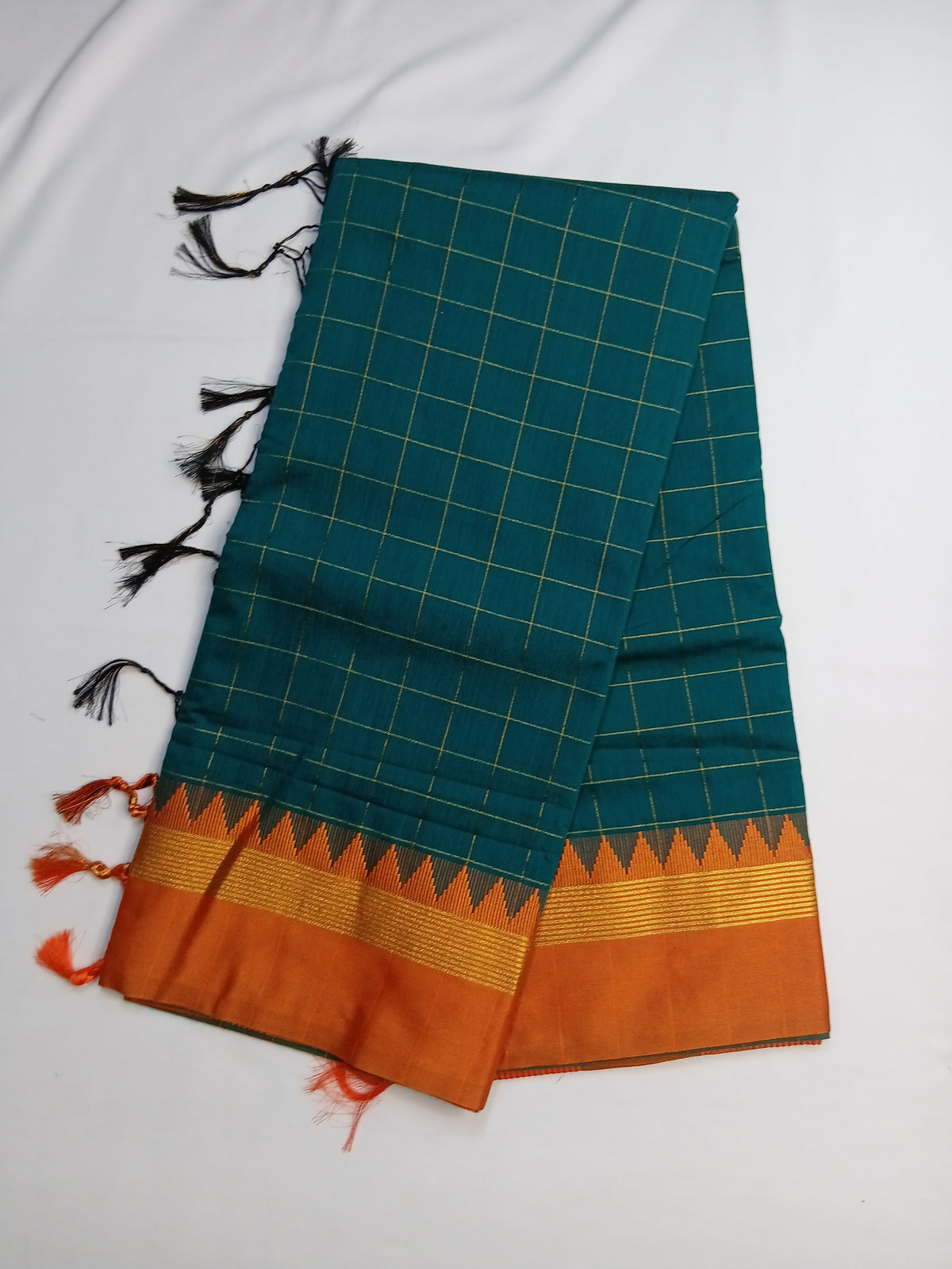 Bottle Green Ilkal Guwahati Checks Saree with Orange Temple Border
