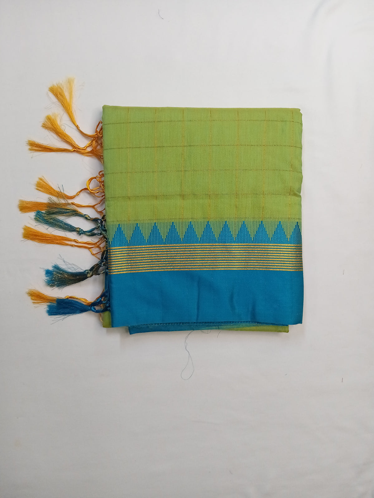 Lime Green Ilkal Guwahati Checks Saree with Turquoise Temple Border