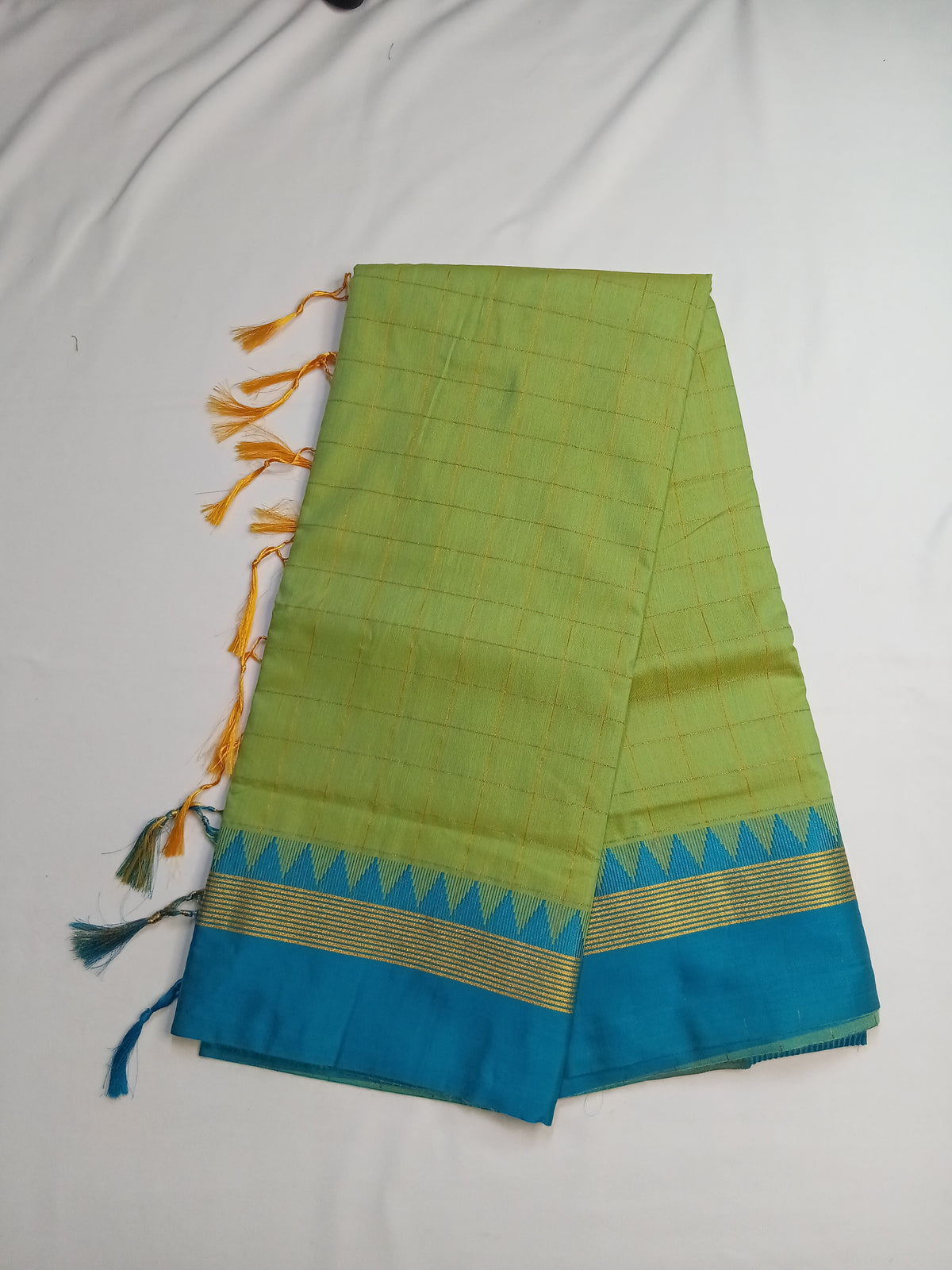 Lime Green Ilkal Guwahati Checks Saree with Turquoise Temple Border