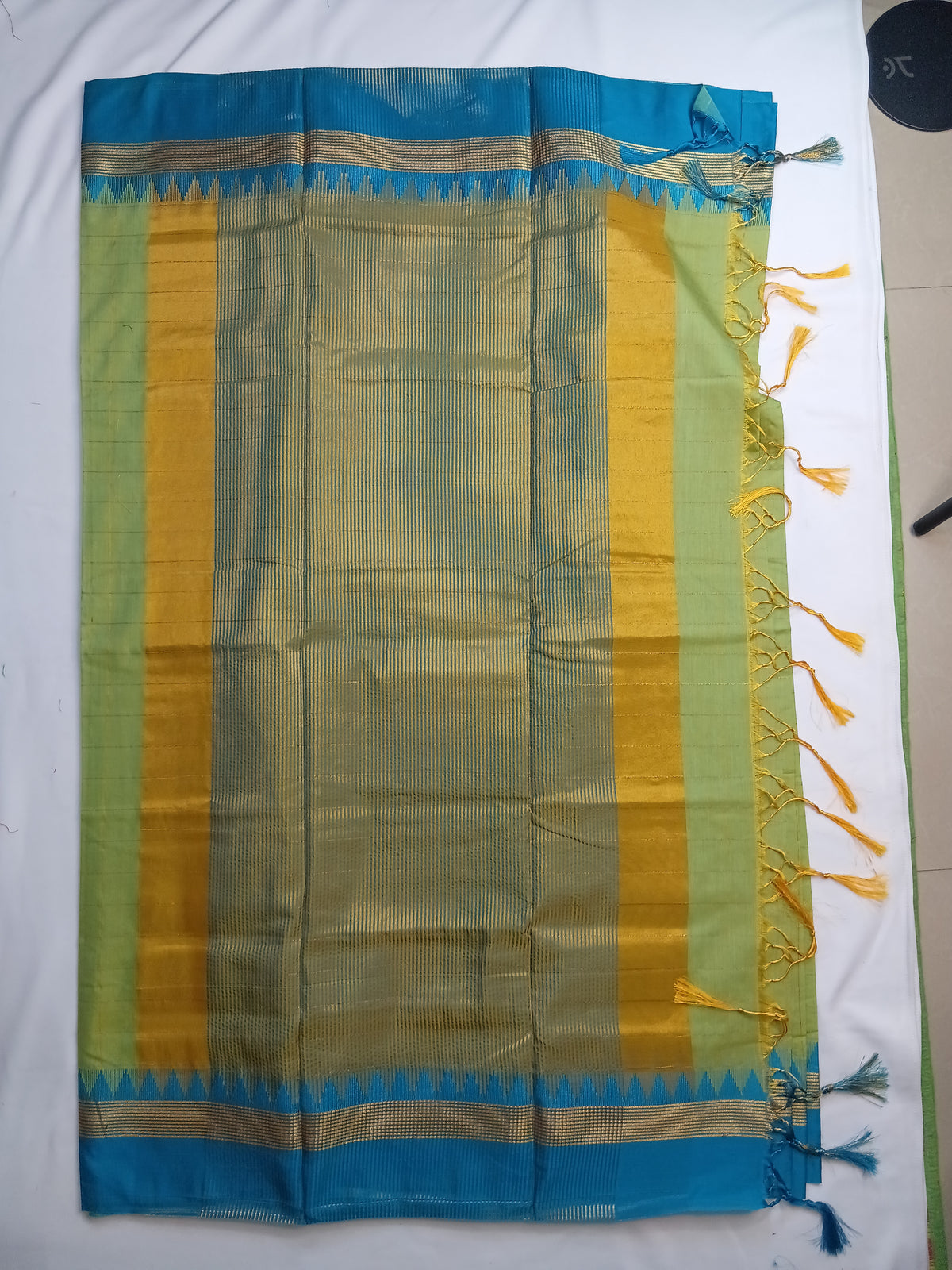 Lime Green Ilkal Guwahati Checks Saree with Turquoise Temple Border