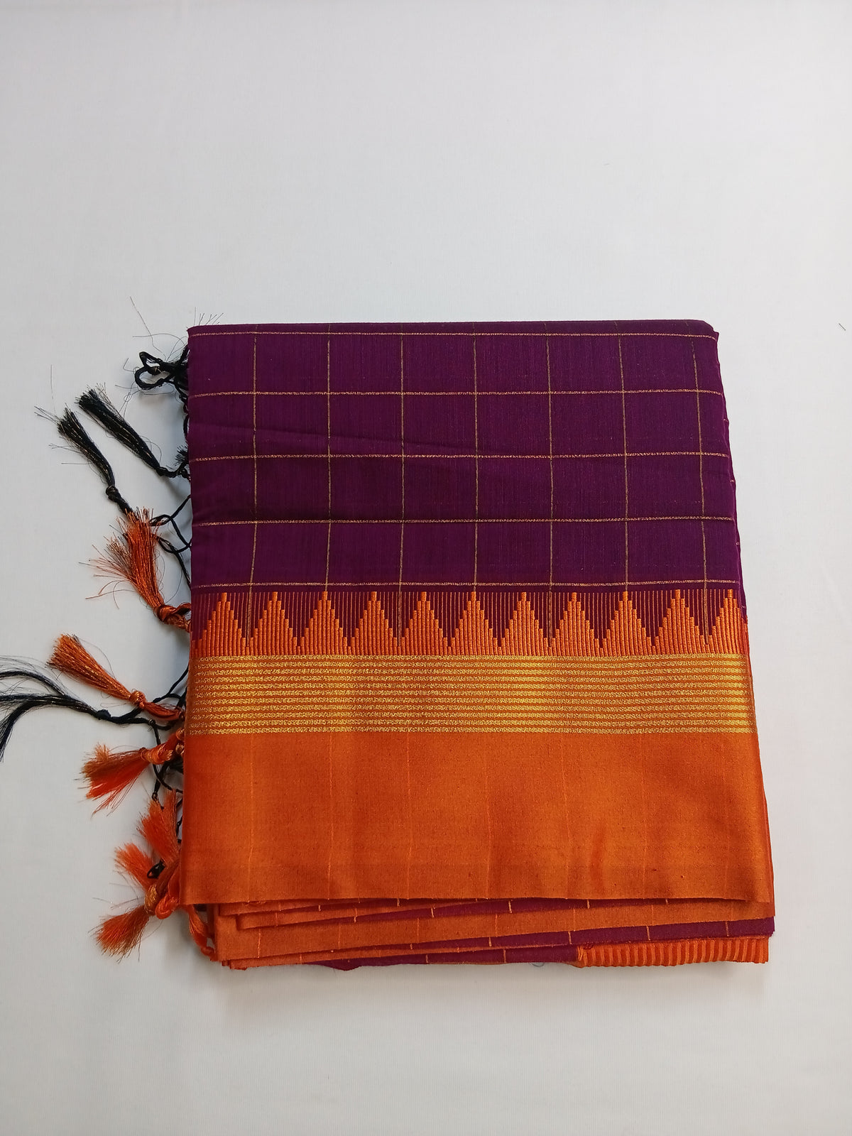 Deep Wine Purple Ilkal Guwahati Checks Saree with Orange Temple Border