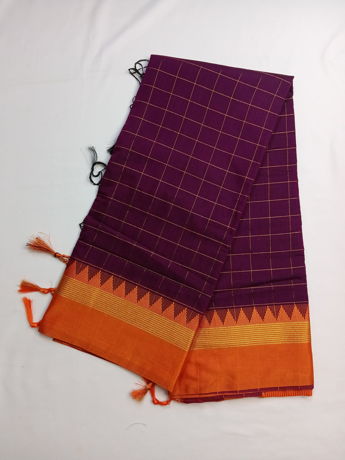 Deep Wine Purple Ilkal Guwahati Checks Saree with Orange Temple Border