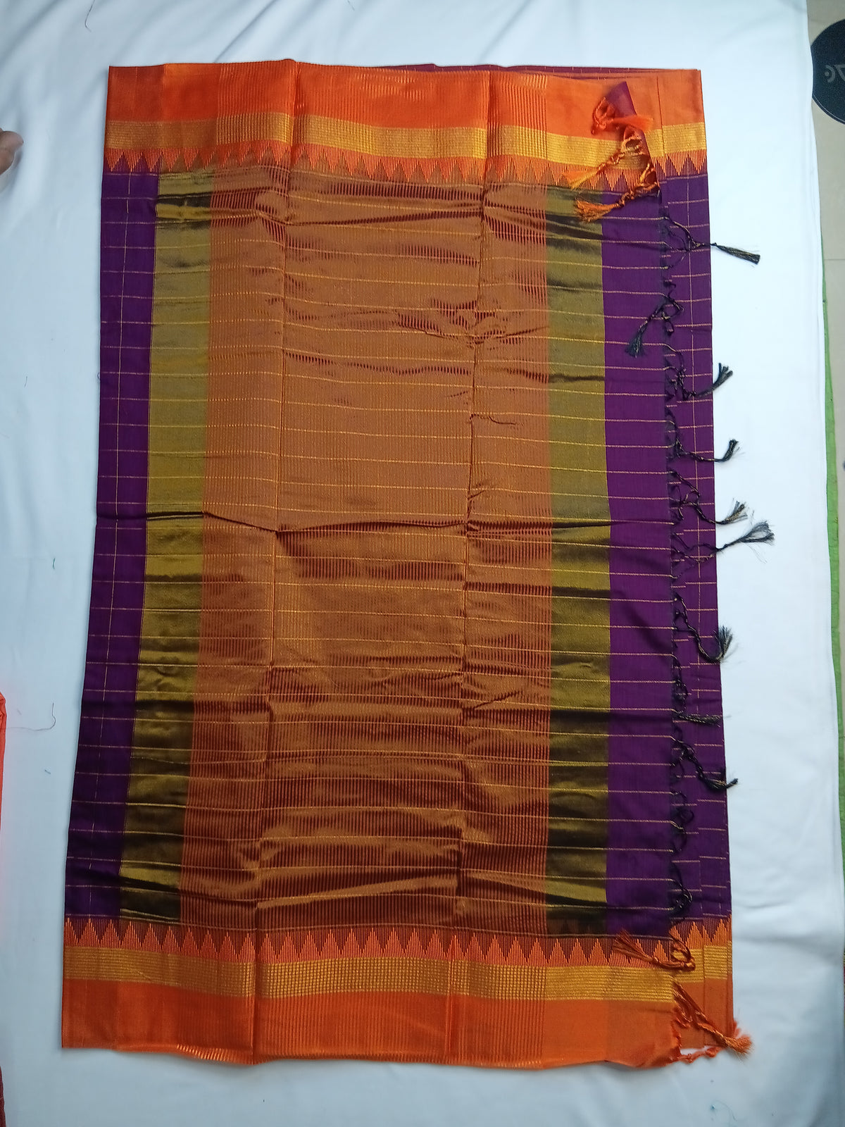 Deep Wine Purple Ilkal Guwahati Checks Saree with Orange Temple Border