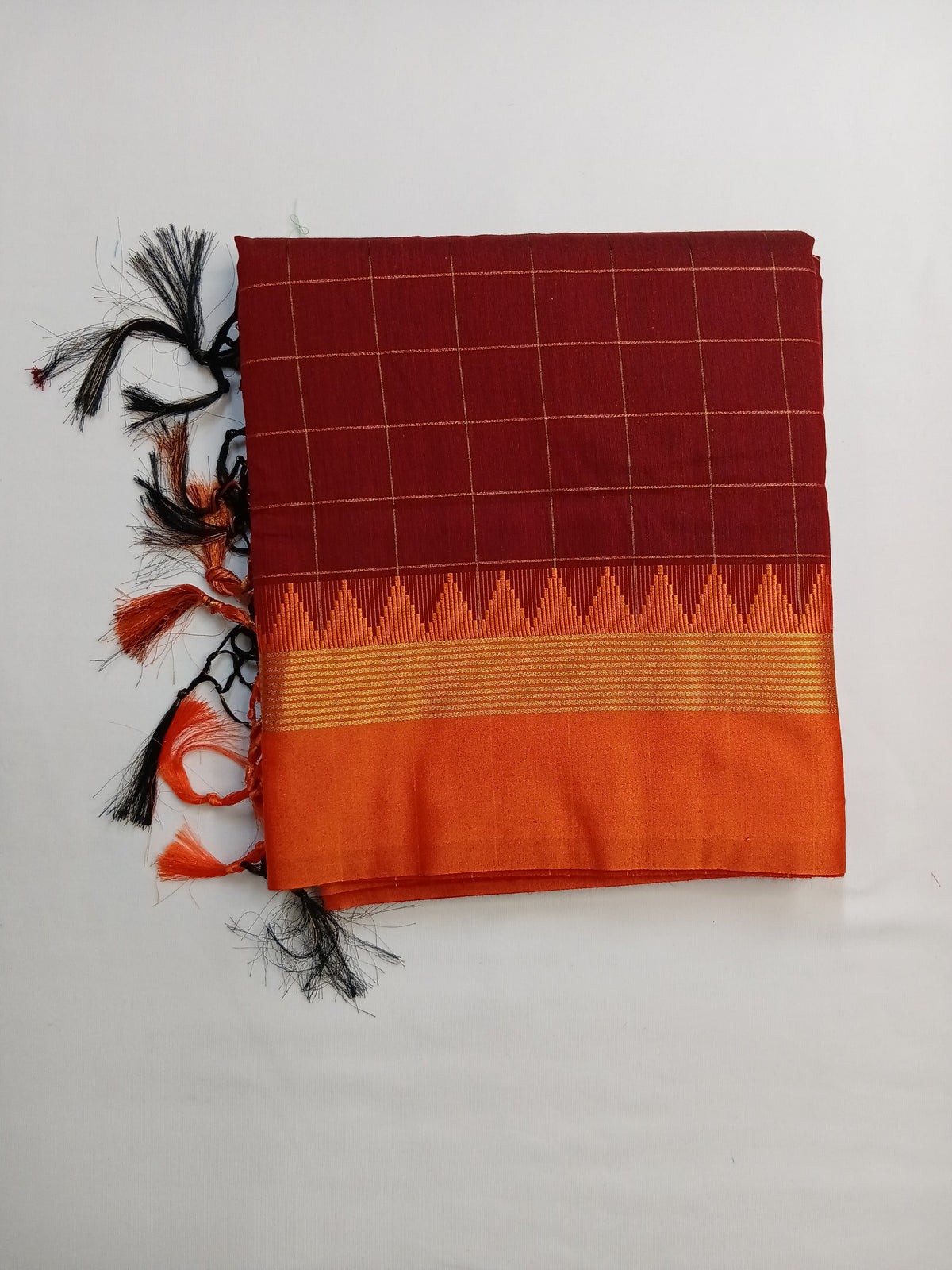 Rust Brick Red Ilkal Guwahati Checks Saree with Orange Temple Border