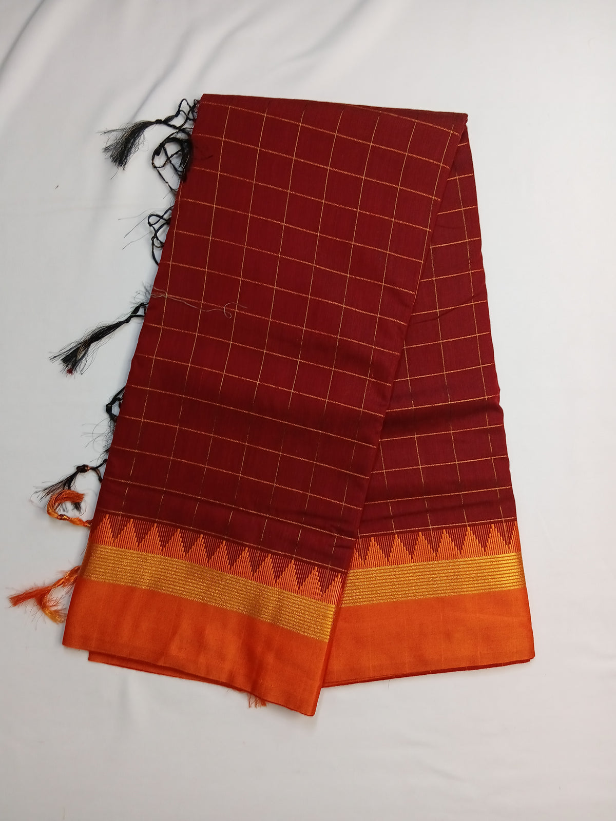 Rust Brick Red Ilkal Guwahati Checks Saree with Orange Temple Border