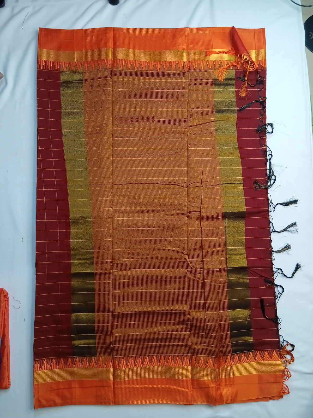 Rust Brick Red Ilkal Guwahati Checks Saree with Orange Temple Border