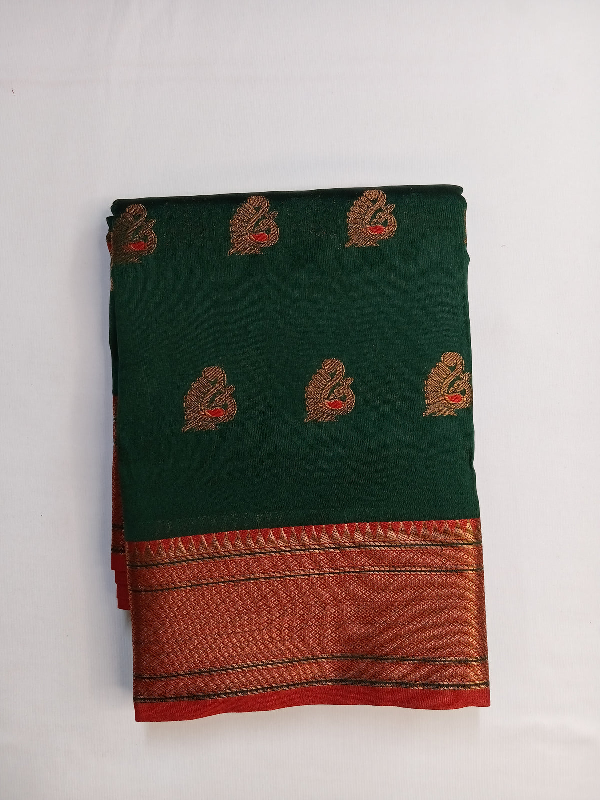 Bottle Green Peacock Silk Saree with Rich Contrast Border