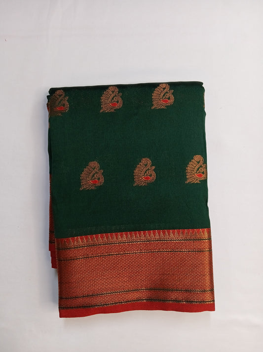 Bottle Green Peacock Silk Saree with Rich Contrast Border