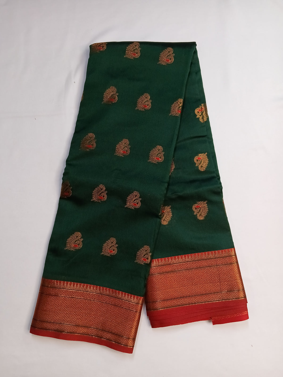 Bottle Green Peacock Silk Saree with Rich Contrast Border