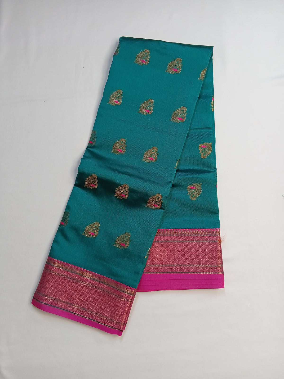Teal Blue Peacock Silk Saree with Rich Contrast Border