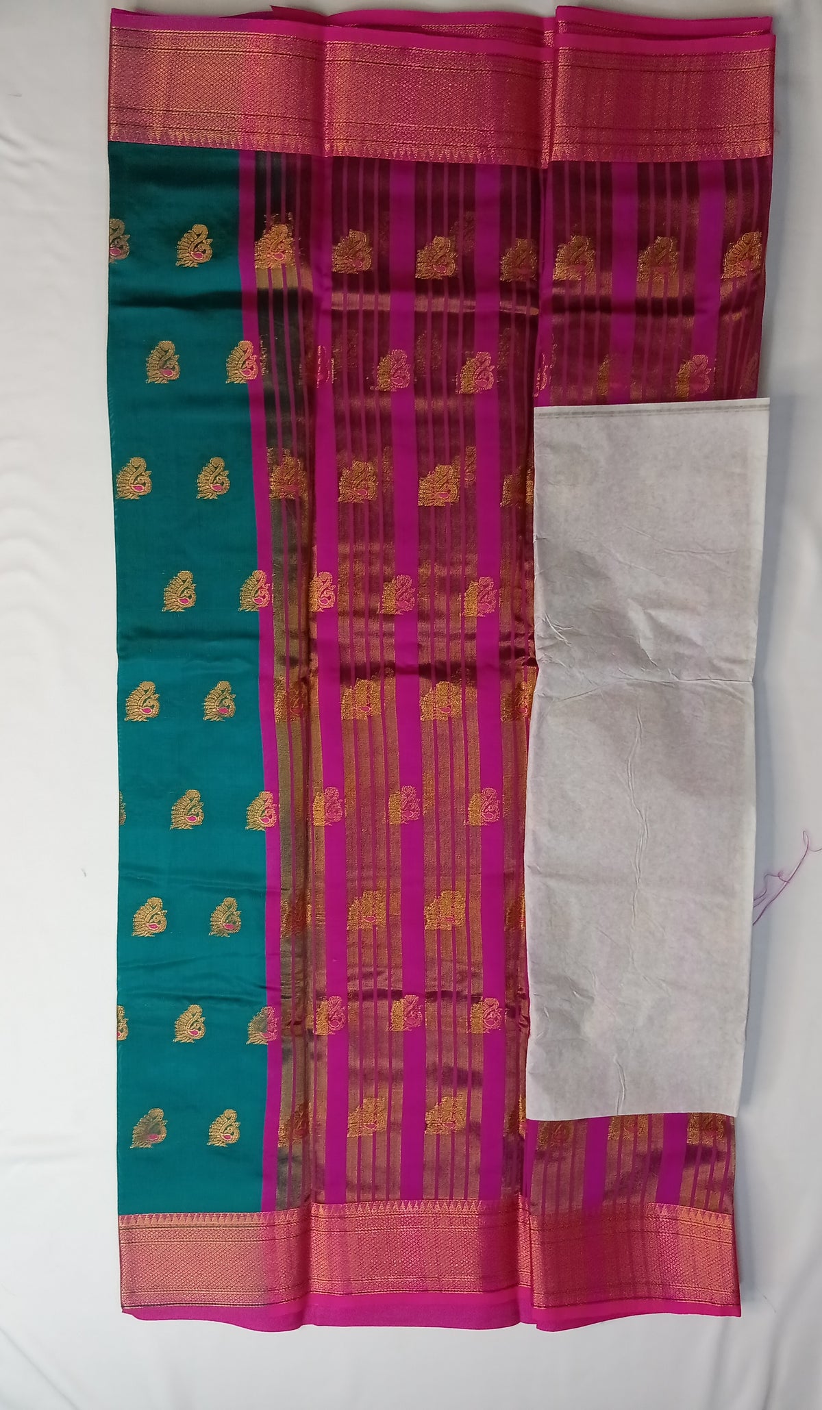 Teal Blue Peacock Silk Saree with Rich Contrast Border